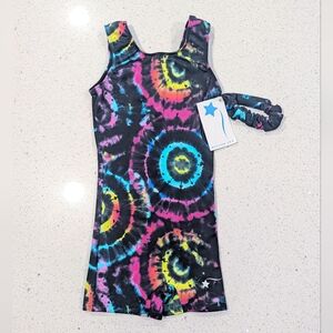 NEW Unitard +Scrunchie Destira Gymnastics Dance Leotard CS Small TIEDYE RAINBOW